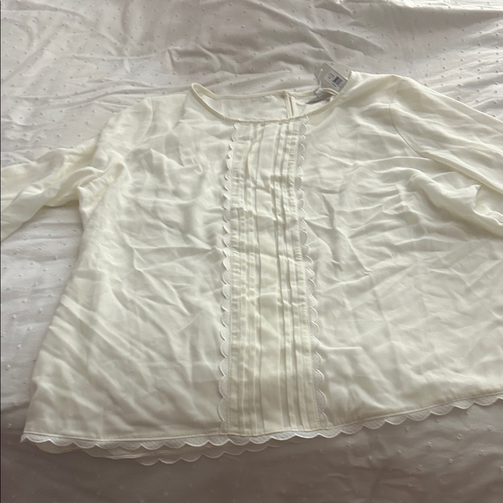 Downeast Elegant Cream Blouse with Scalloped Edges